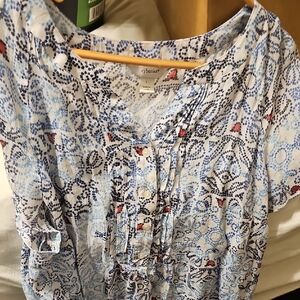 CJ Banks Blue, White and Red Printed Peasant Blouse